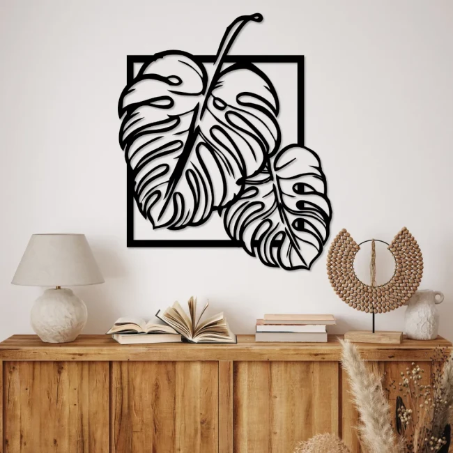 monstera-kwadratowa-drewniany-obraz-aranzacja-komoda