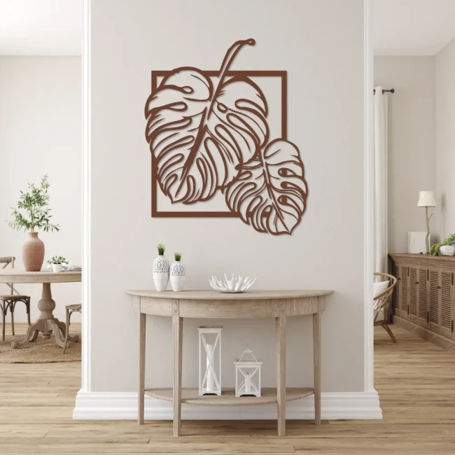 monstera-kwadratowa-drewniany-obraz-aranzacja-przedpokoj