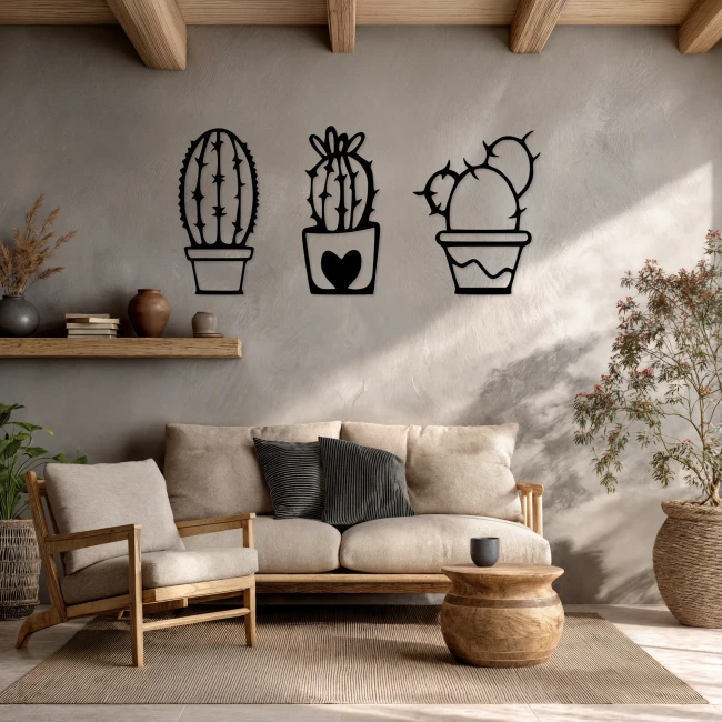 trzy-kaktusy-drewniany-obraz-aranzacja-salon-beton