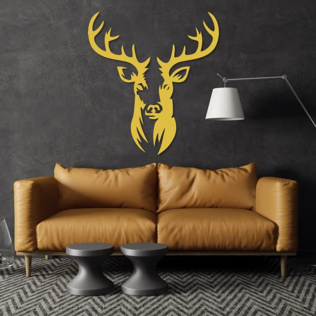 jelen-drewniany-obraz-3d-musztardowy-sofa