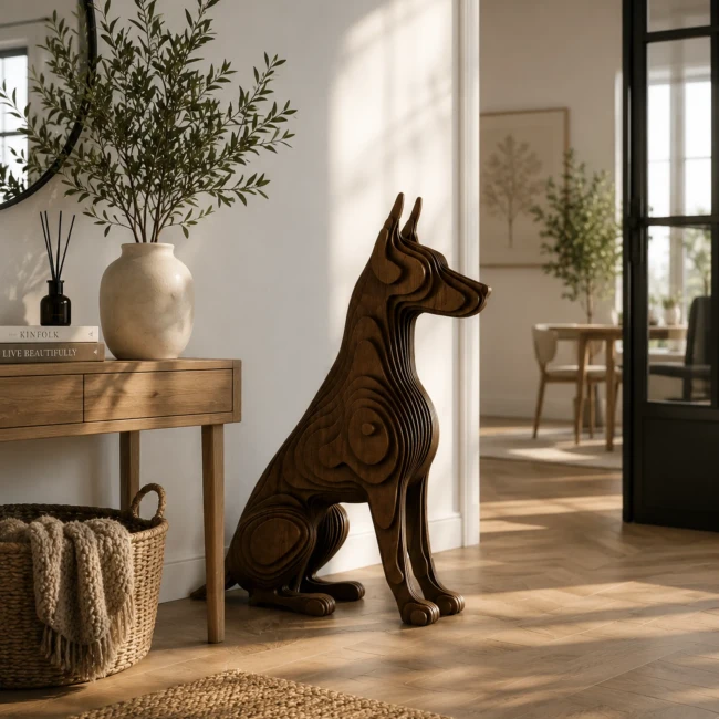 Złota dekoracyjna figura psa dobermana