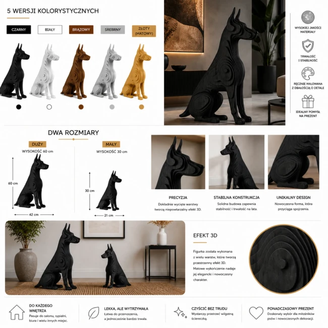 Brązowa drewniana figurka dobermana z widocznym usłojeniem